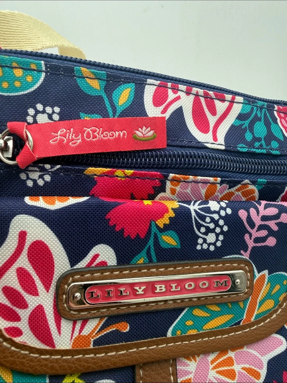 Lily Bloom Navy Floral & Butterfly mini Crossbody with Cream Strap 7.5”x7.5”